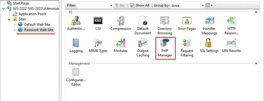 Beispiel für das Öffnen des PHP Managers
