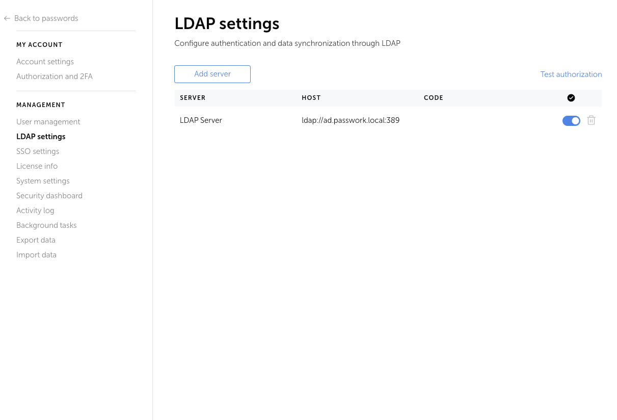 Pestaña de configuración de LDAP