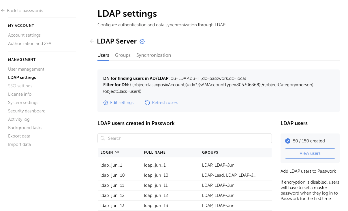 Pestaña de usuarios