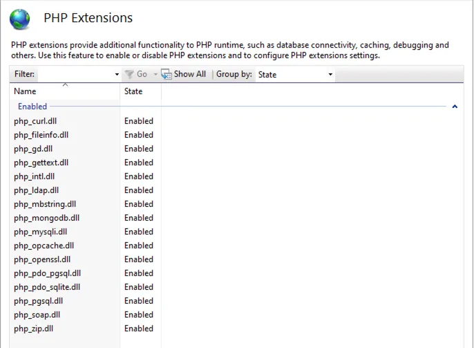 Example of activated PHP extensions