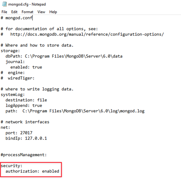 Example of edited MongoDB configuration file