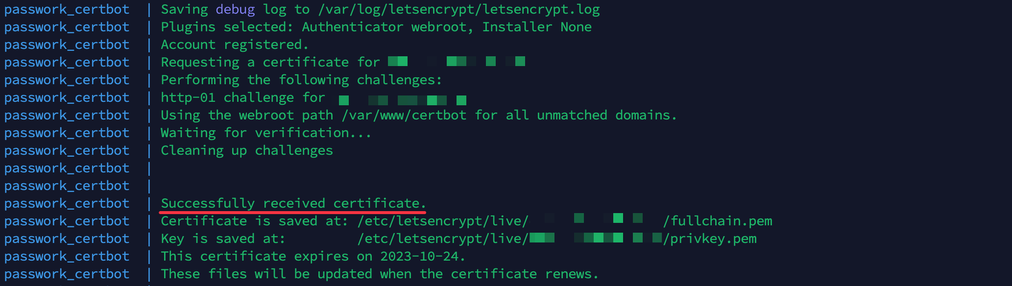 Example of certificate issuance using certbot