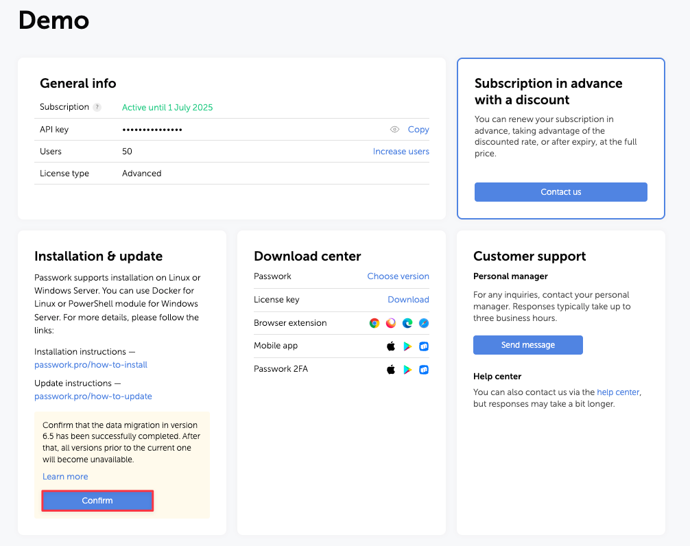 Migration confirmation on the Customer Portal