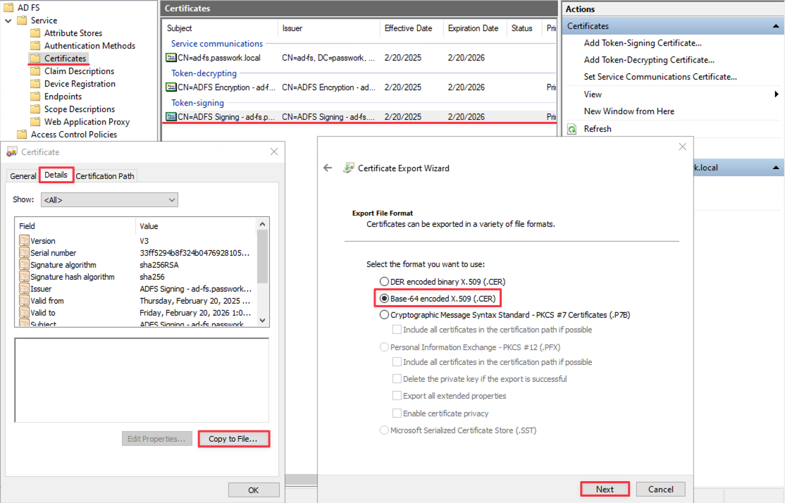 Obtain the AD FS public SSL certificate in base64