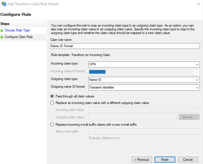 Example of configuring Name ID claim rule