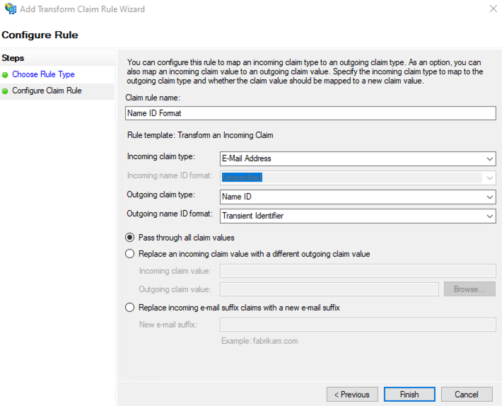 Example of configuring Name ID claim rule