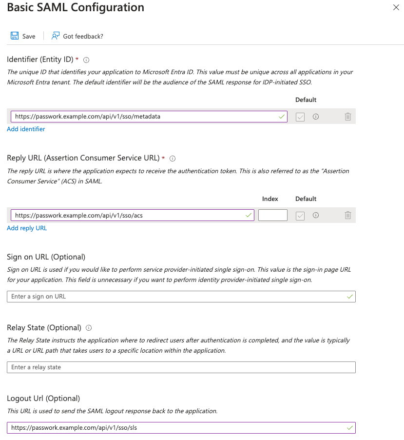 Fill in Passwork endpoints in SAML configuration