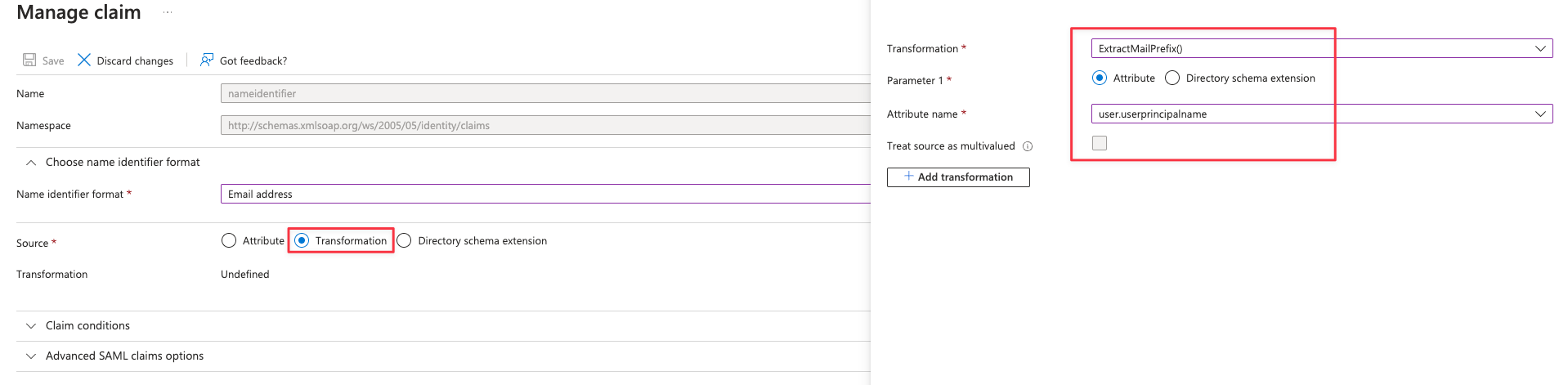 Example of creating SAML attribute for transformation