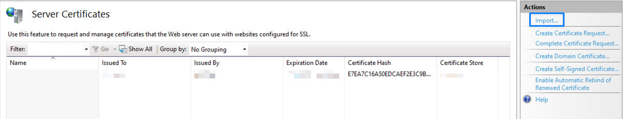 Example of importing a certificate for the website