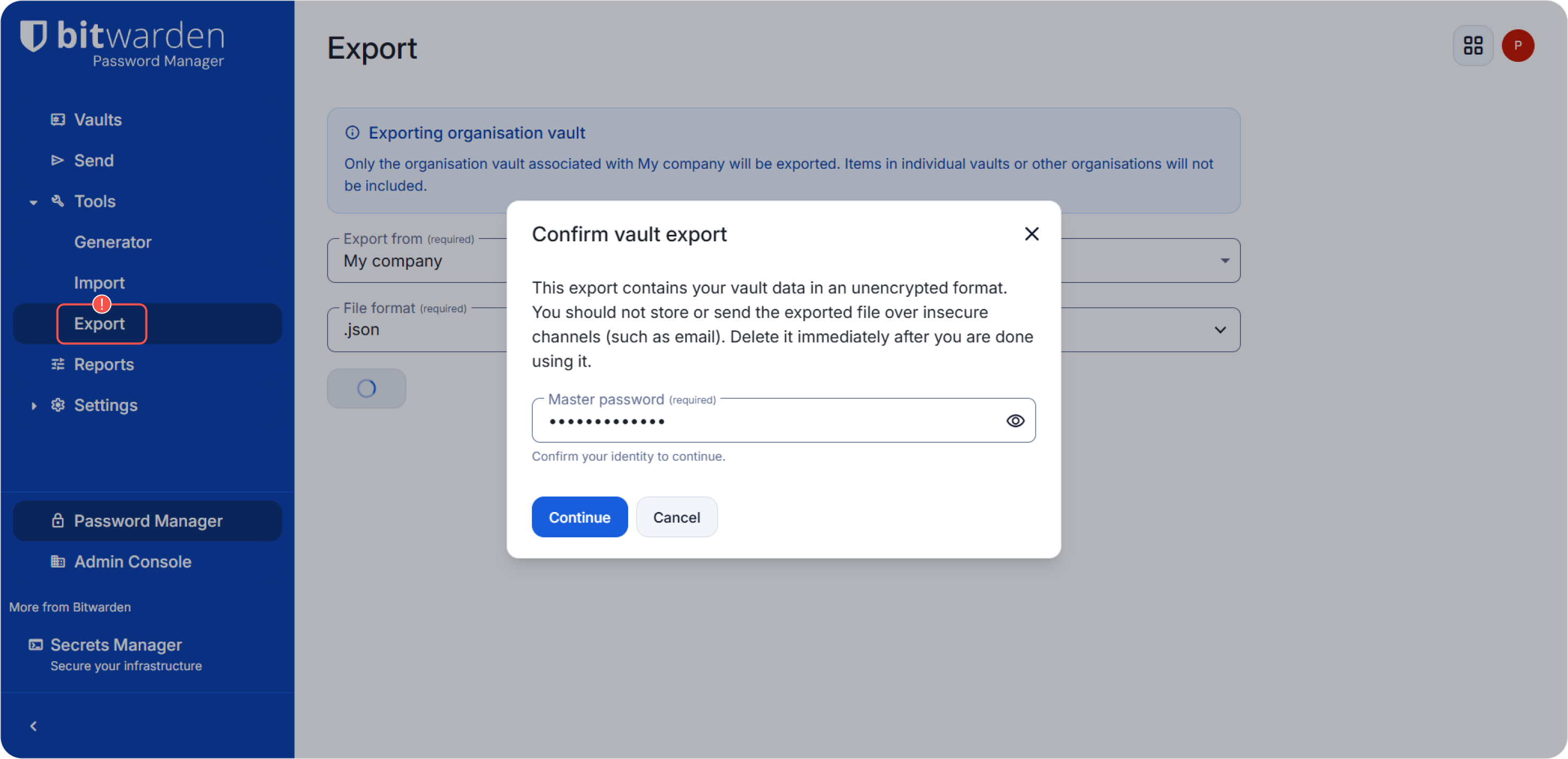 Bitwarden - confirm export