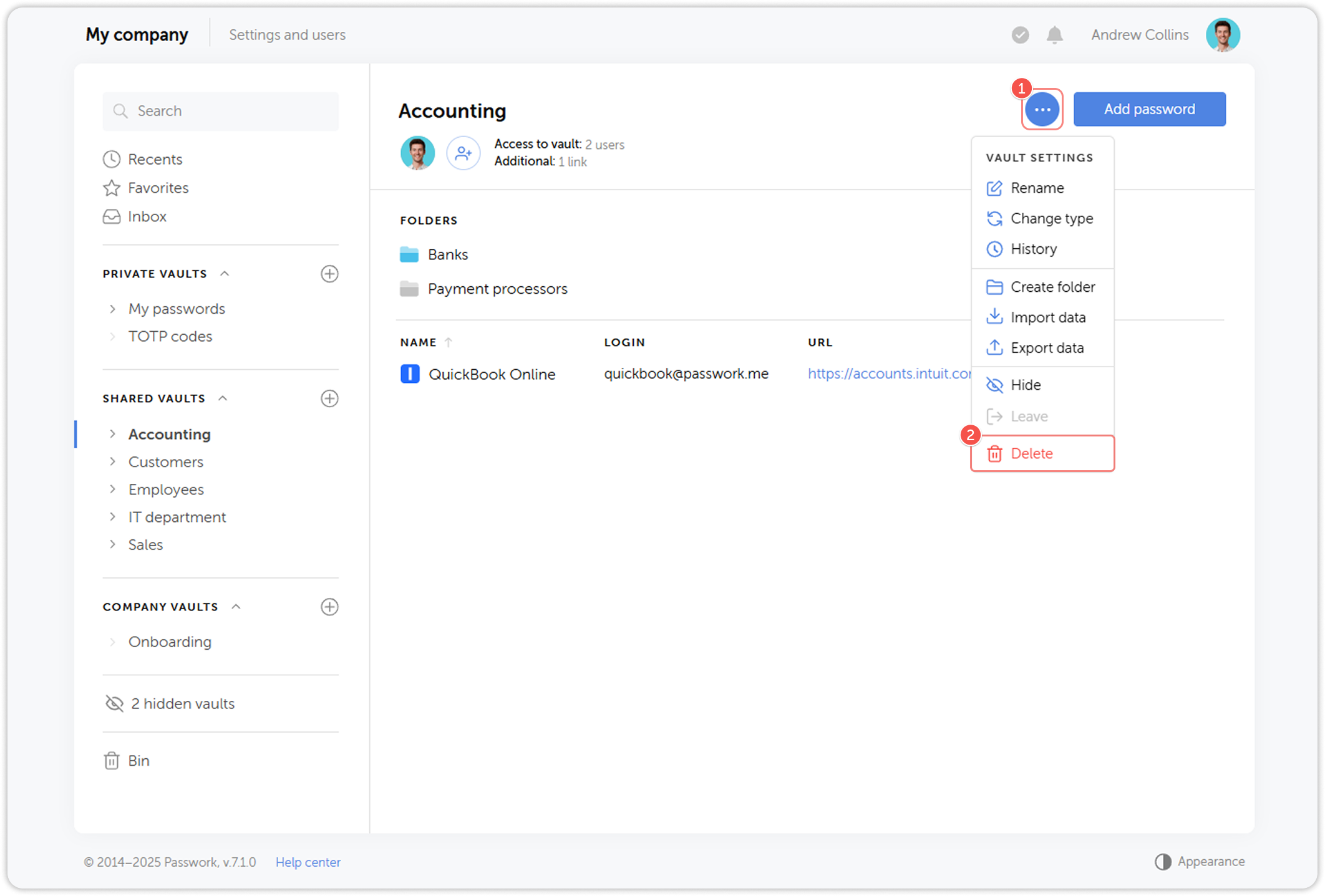 Vault settings dropdown menu with Delete option