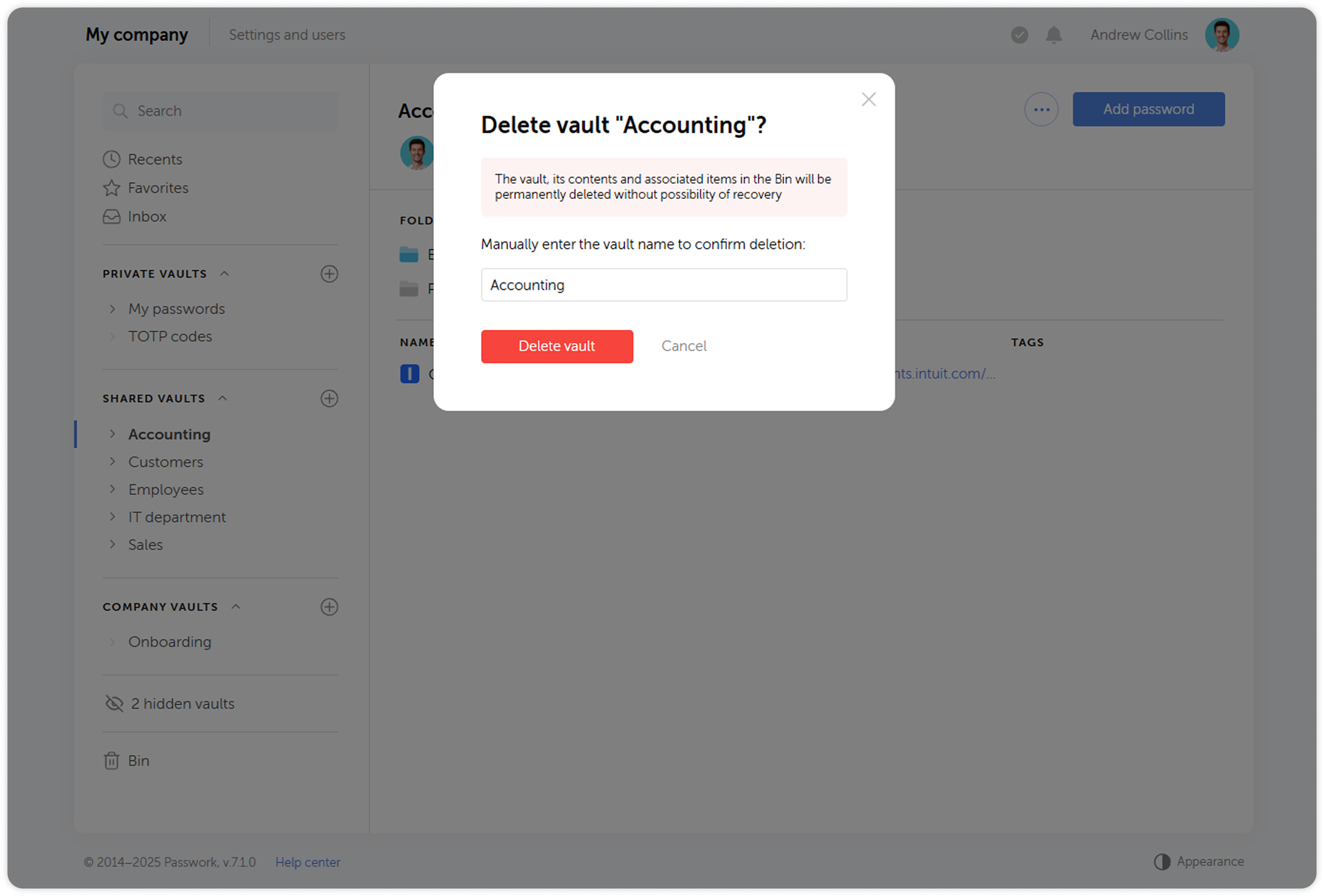 Vault deletion confirmation dialog