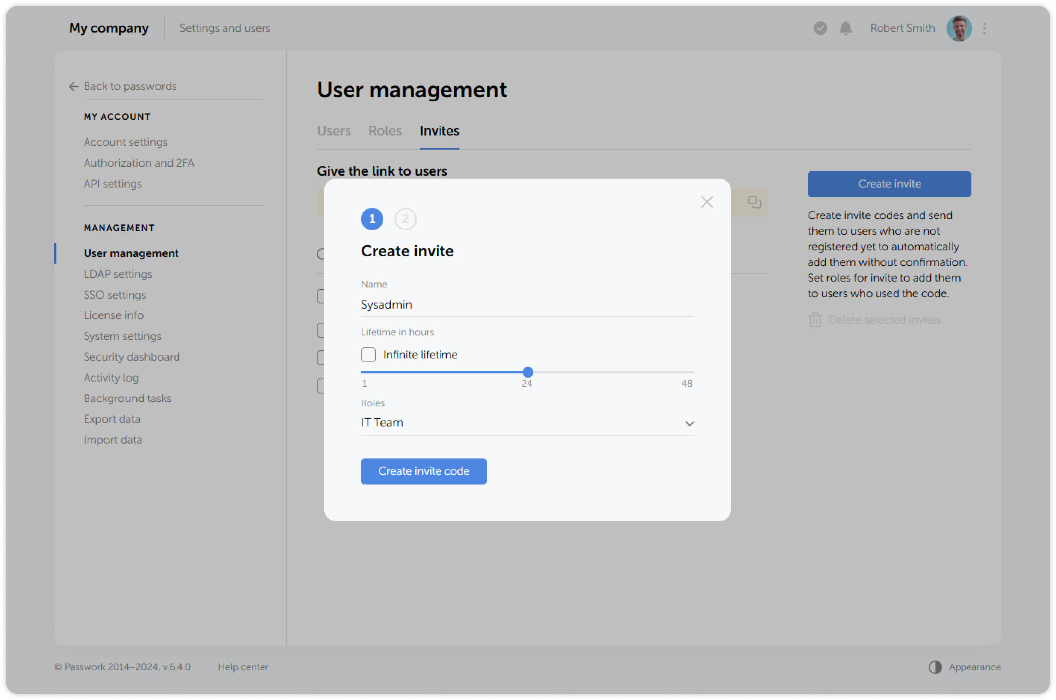 Create invite dialog