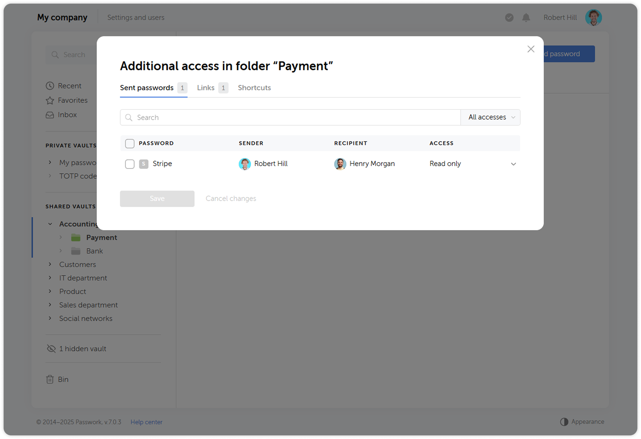 Sent passwords and links