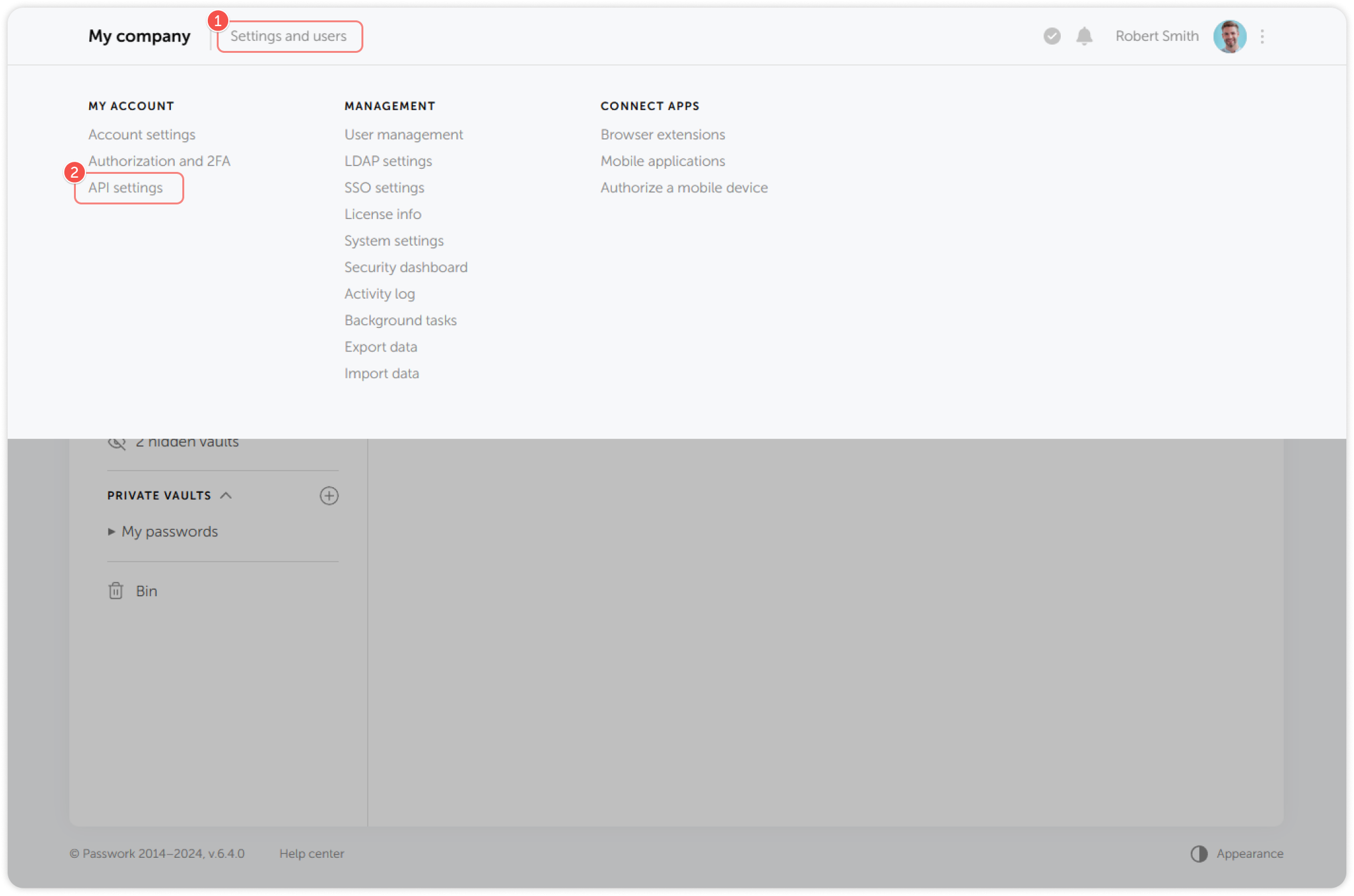 API settings menu