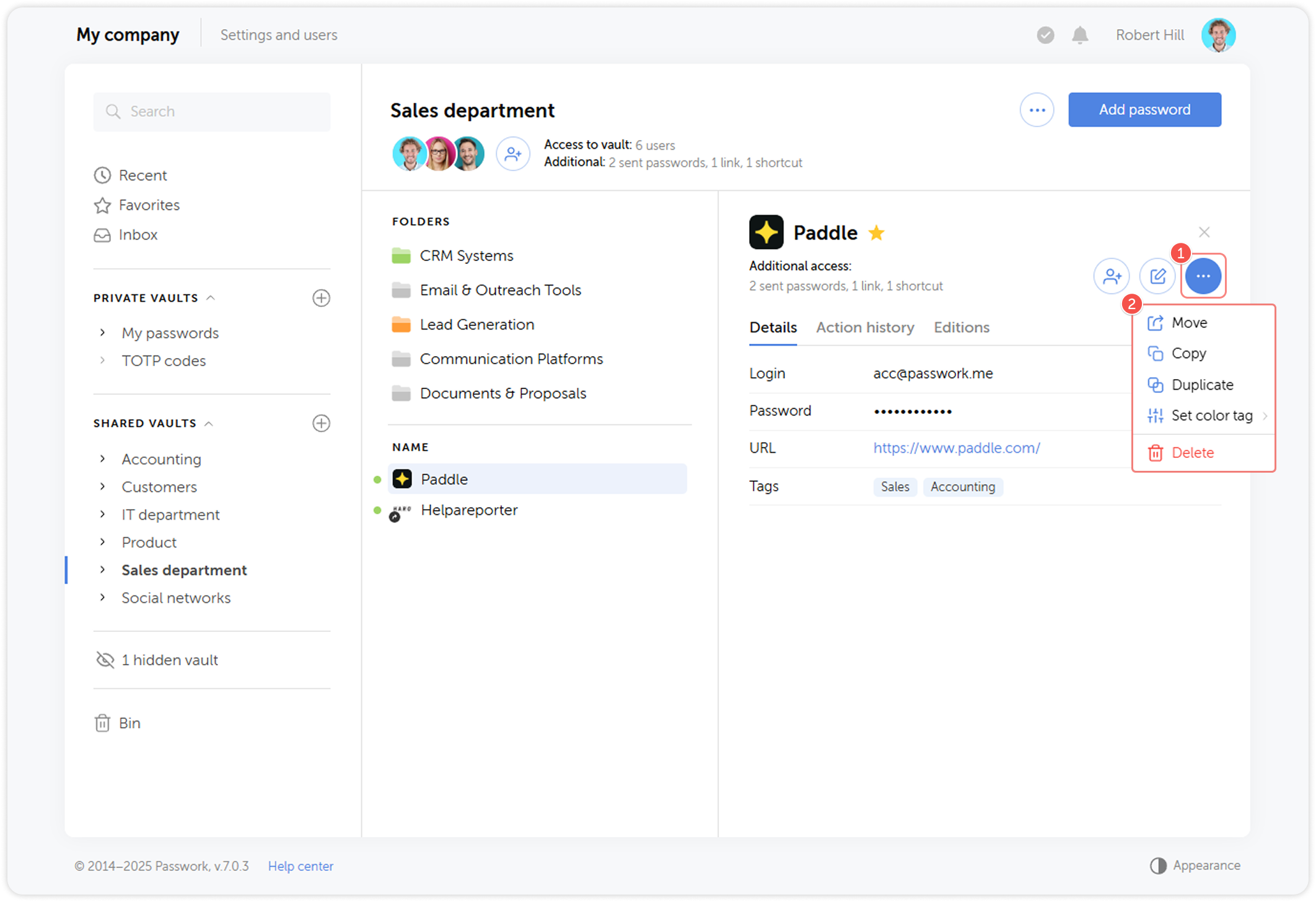 Password actions menu