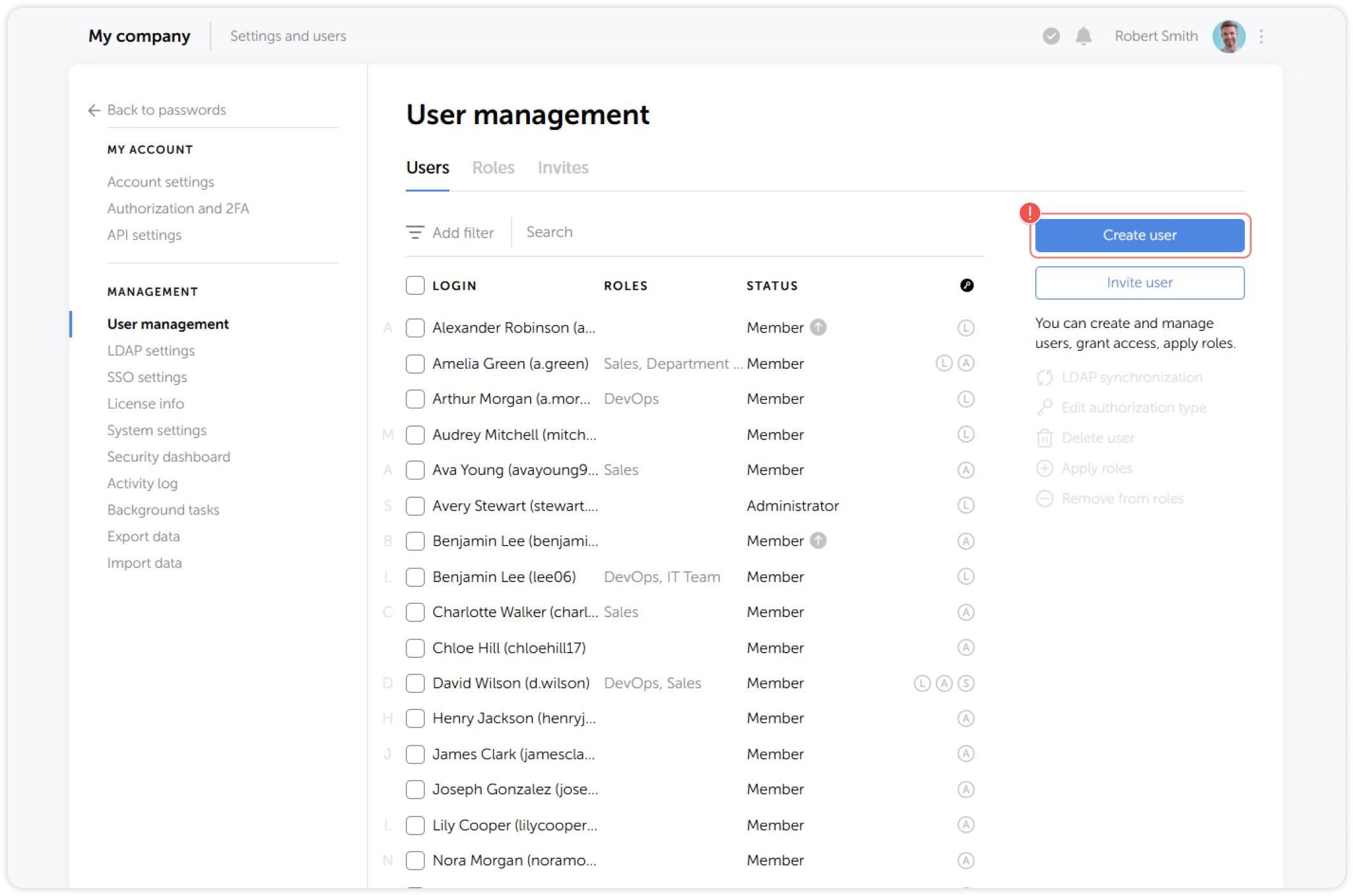 Create user button