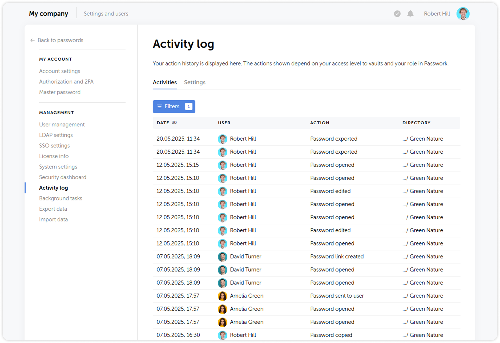 Activity log filtered by directory
