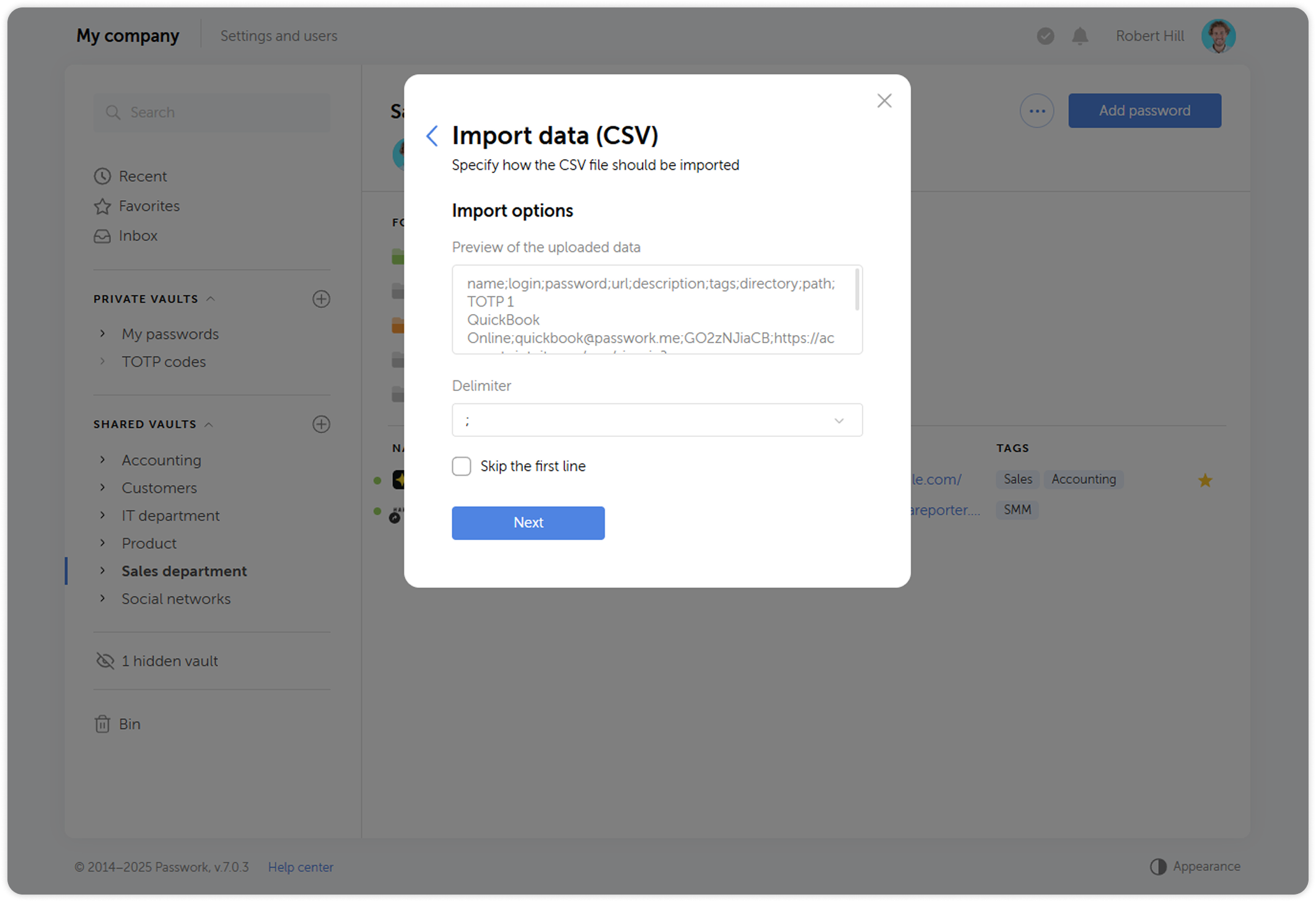 CSV data preview with delimiter selection