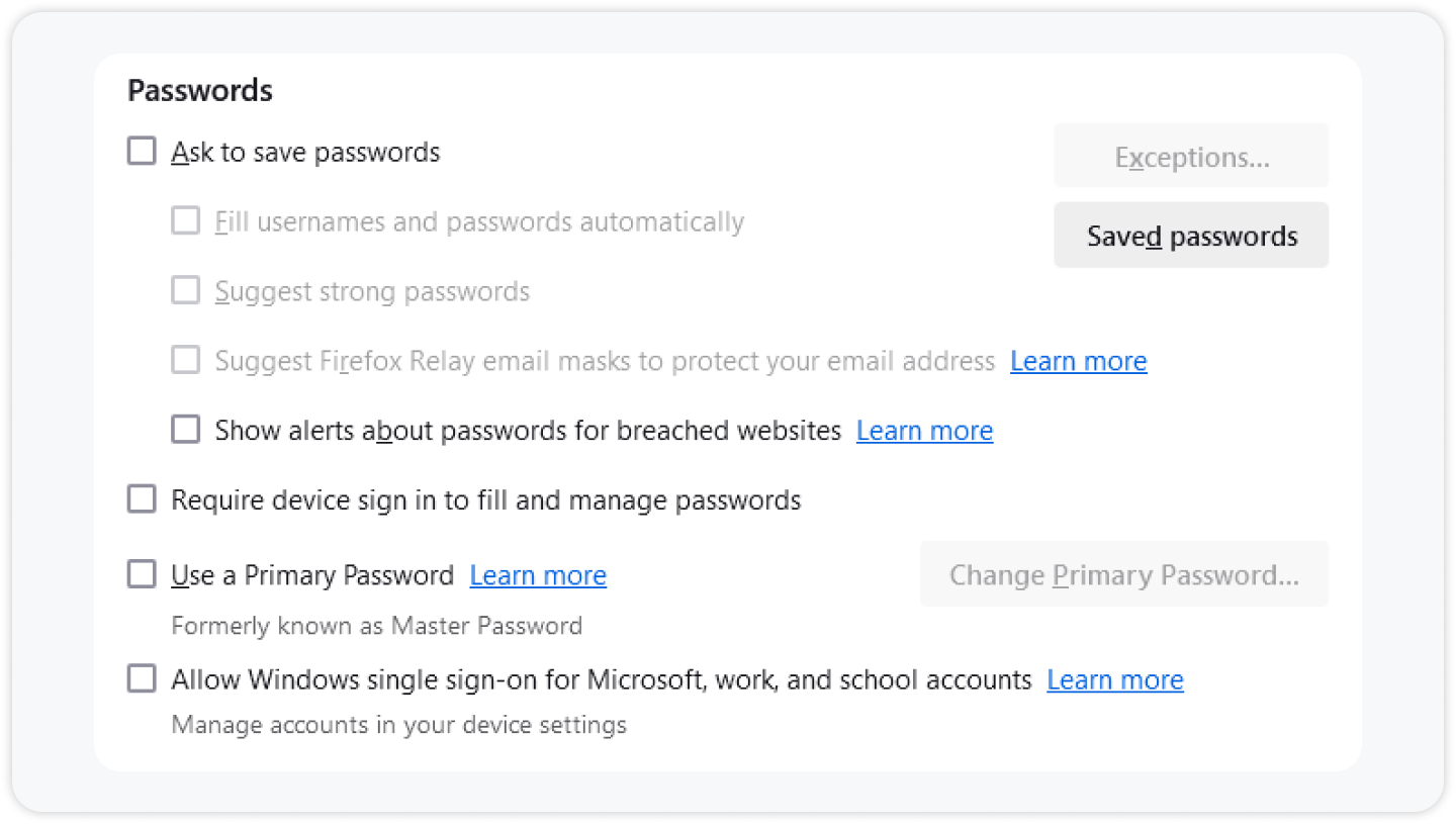 Firefox password settings