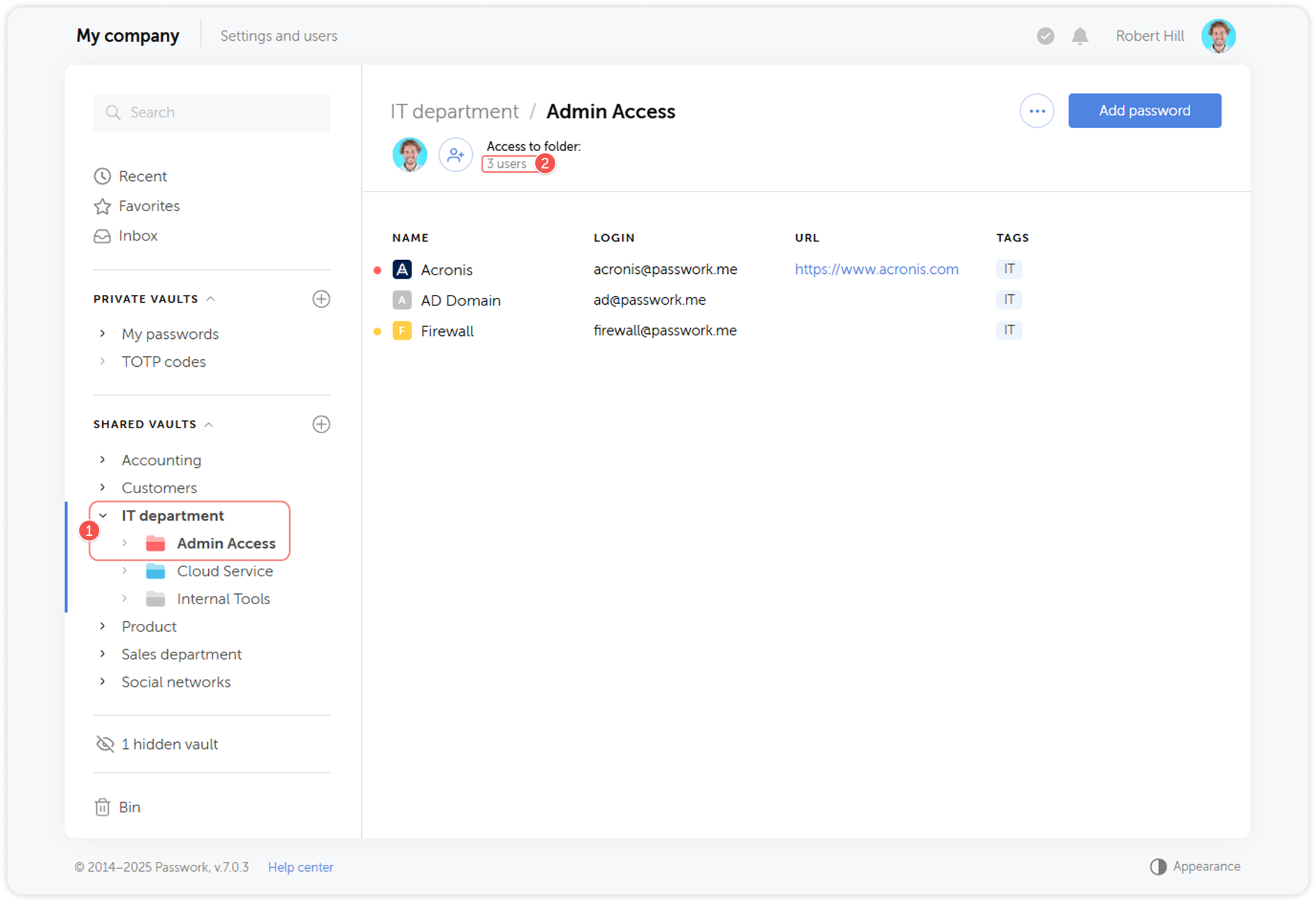 Folder access rights button