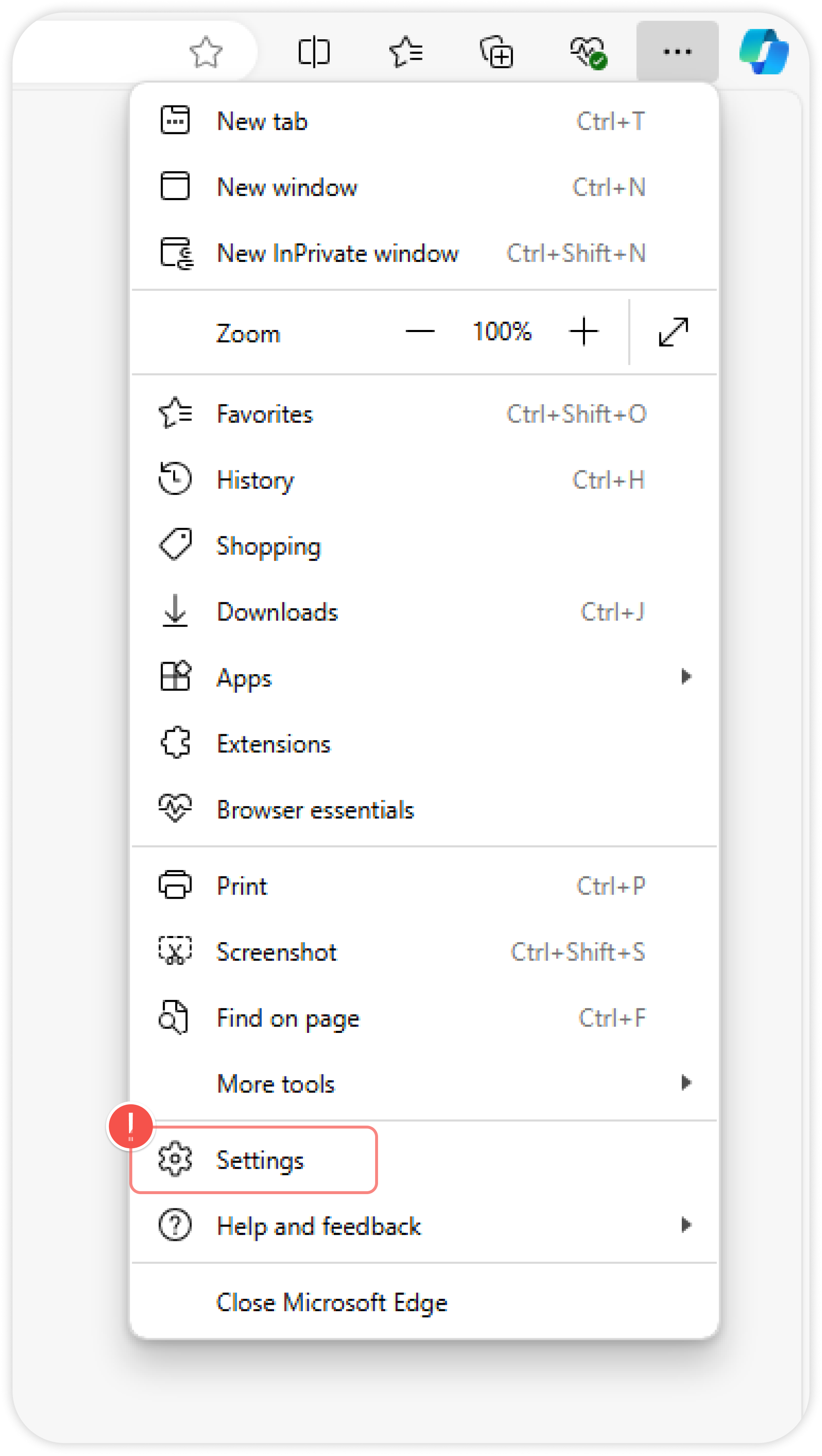 Edge settings menu