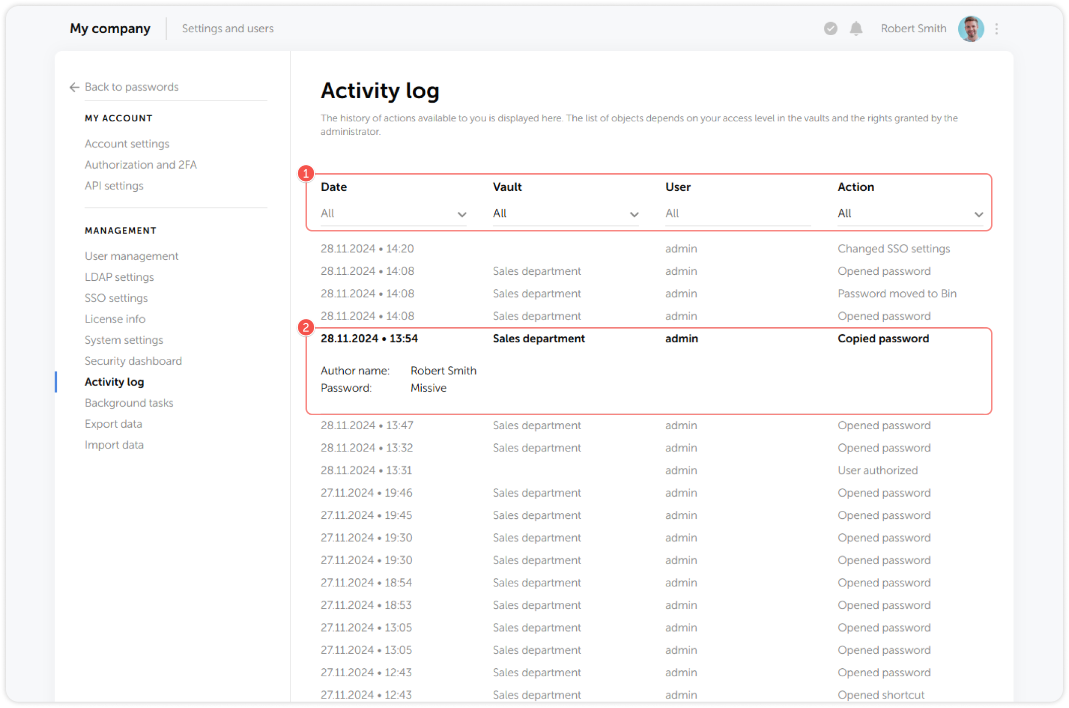 Activity log interface