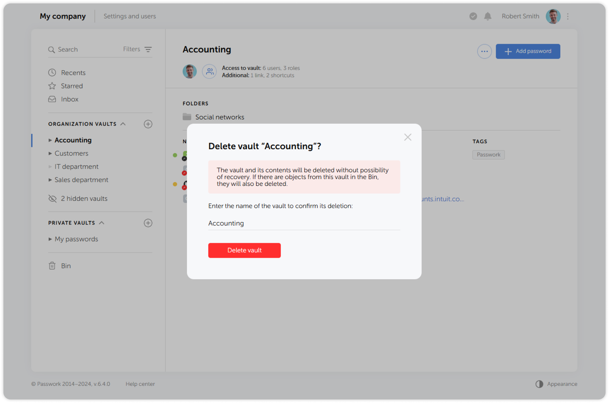 Vault deletion confirmation dialog