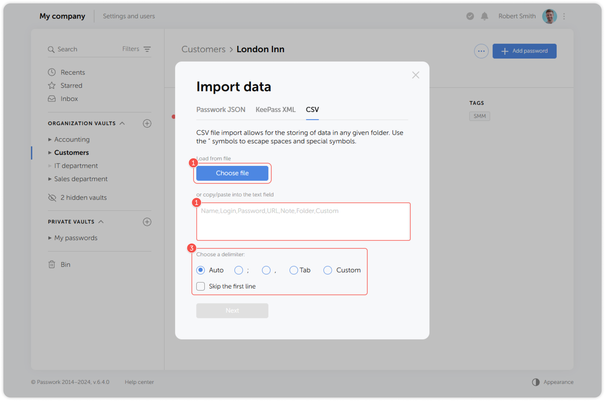 CSV file upload and delimiter selection