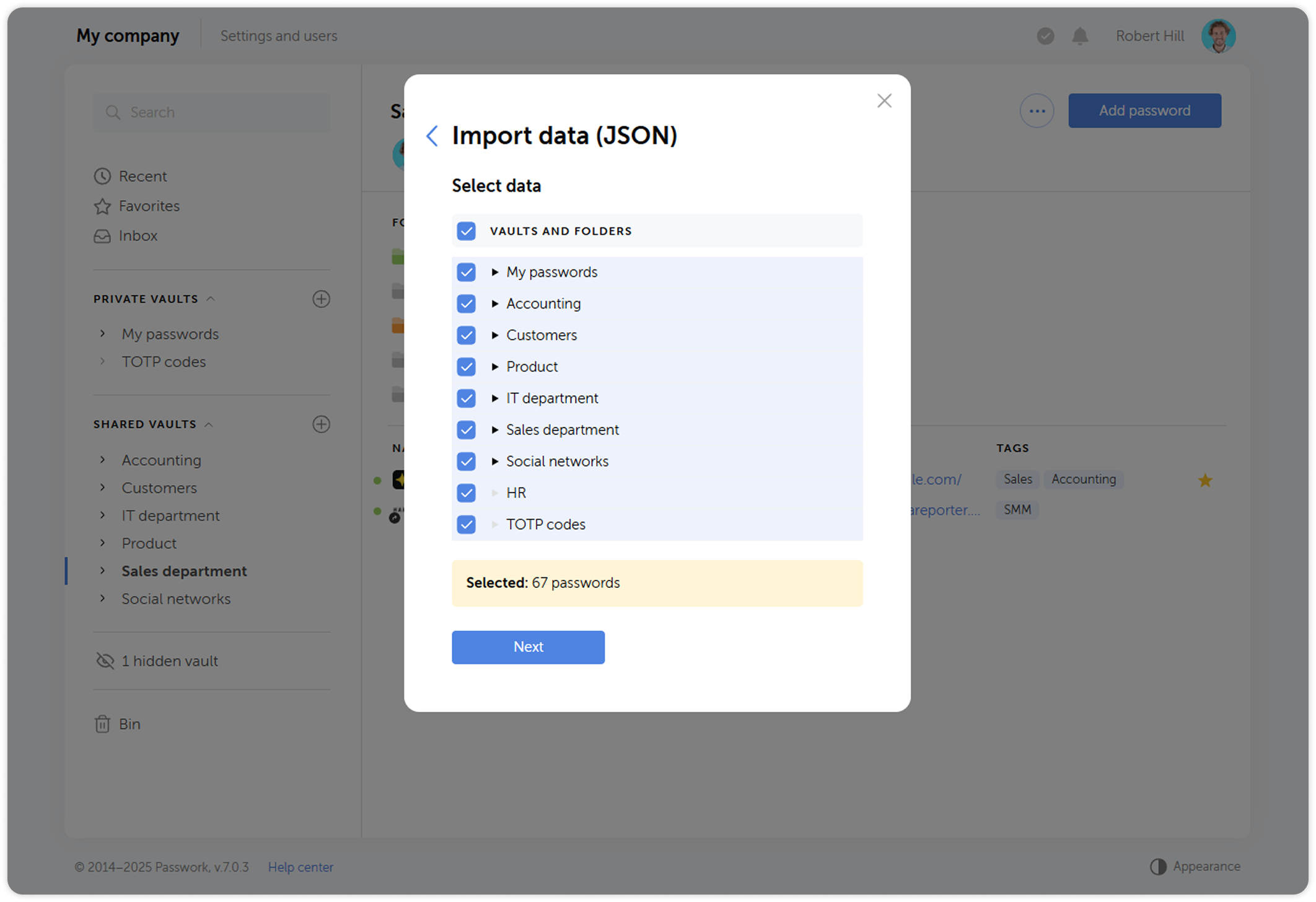 Vault selection and import method options
