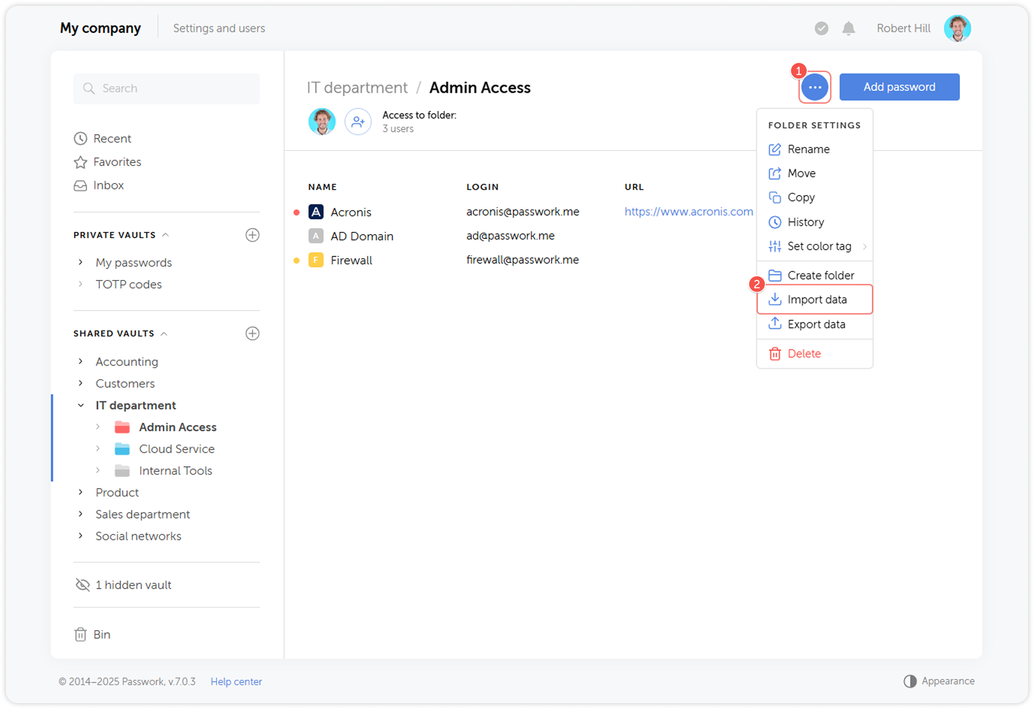 Import data option in folder settings