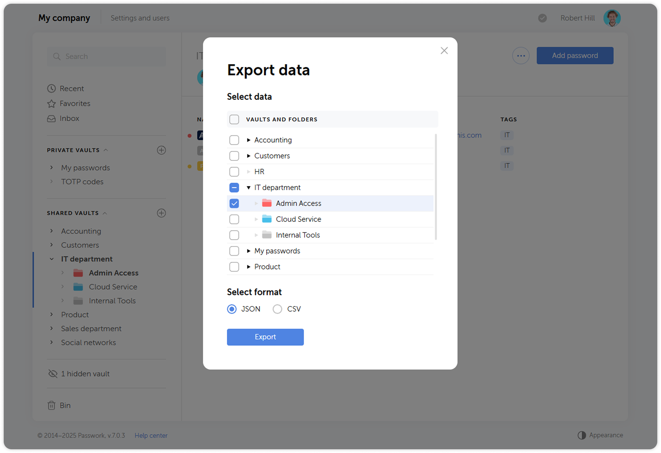 Export data dialog window