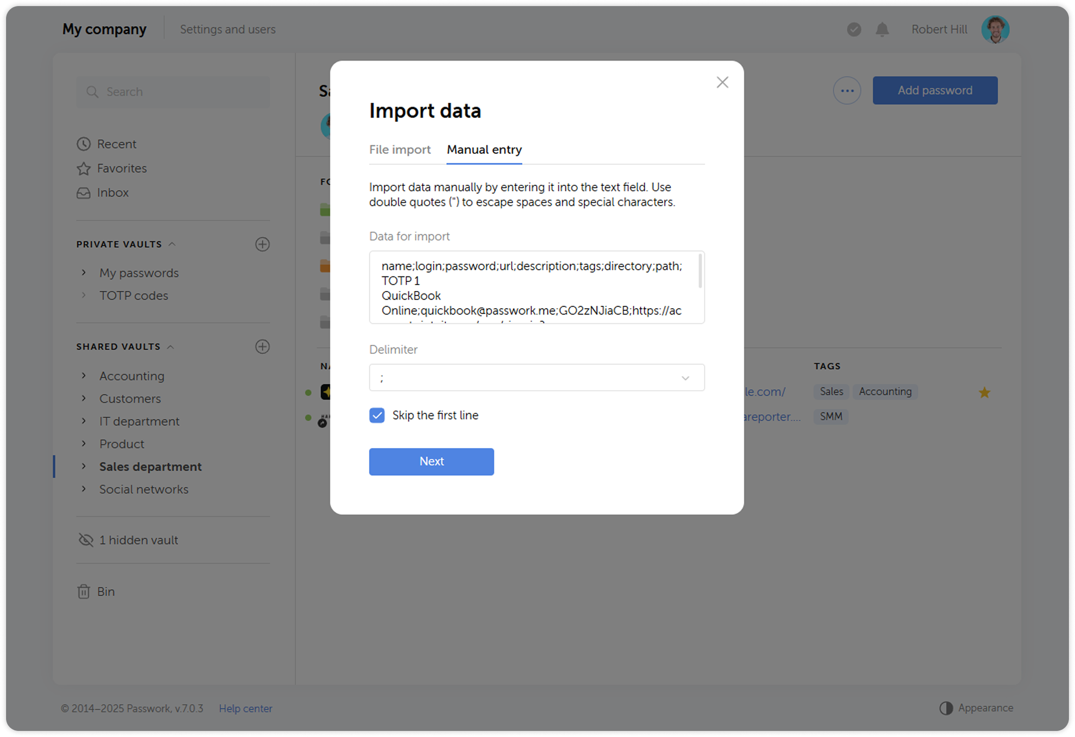 Manual entry text field with delimiter selection