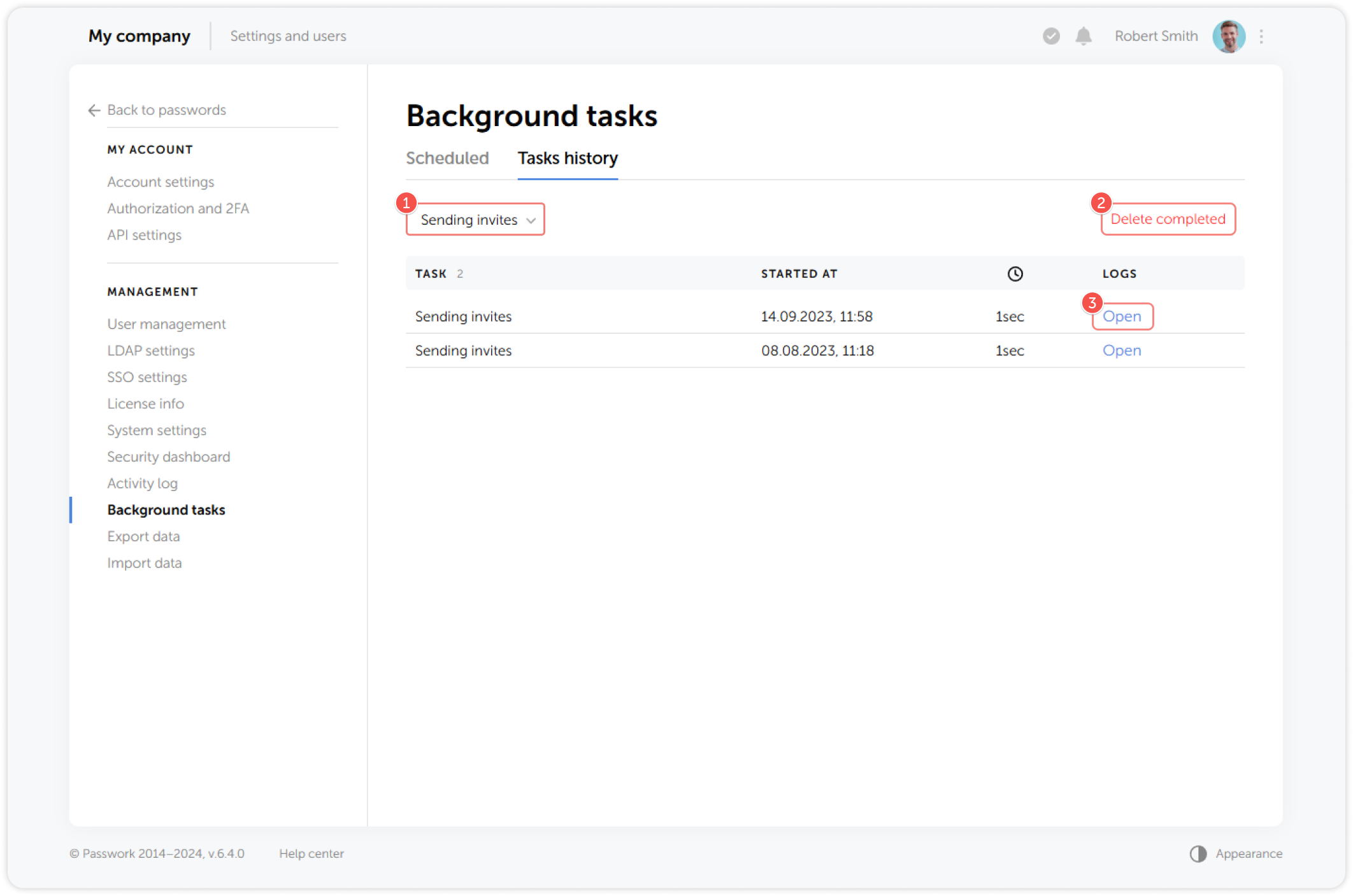 Tasks history tab