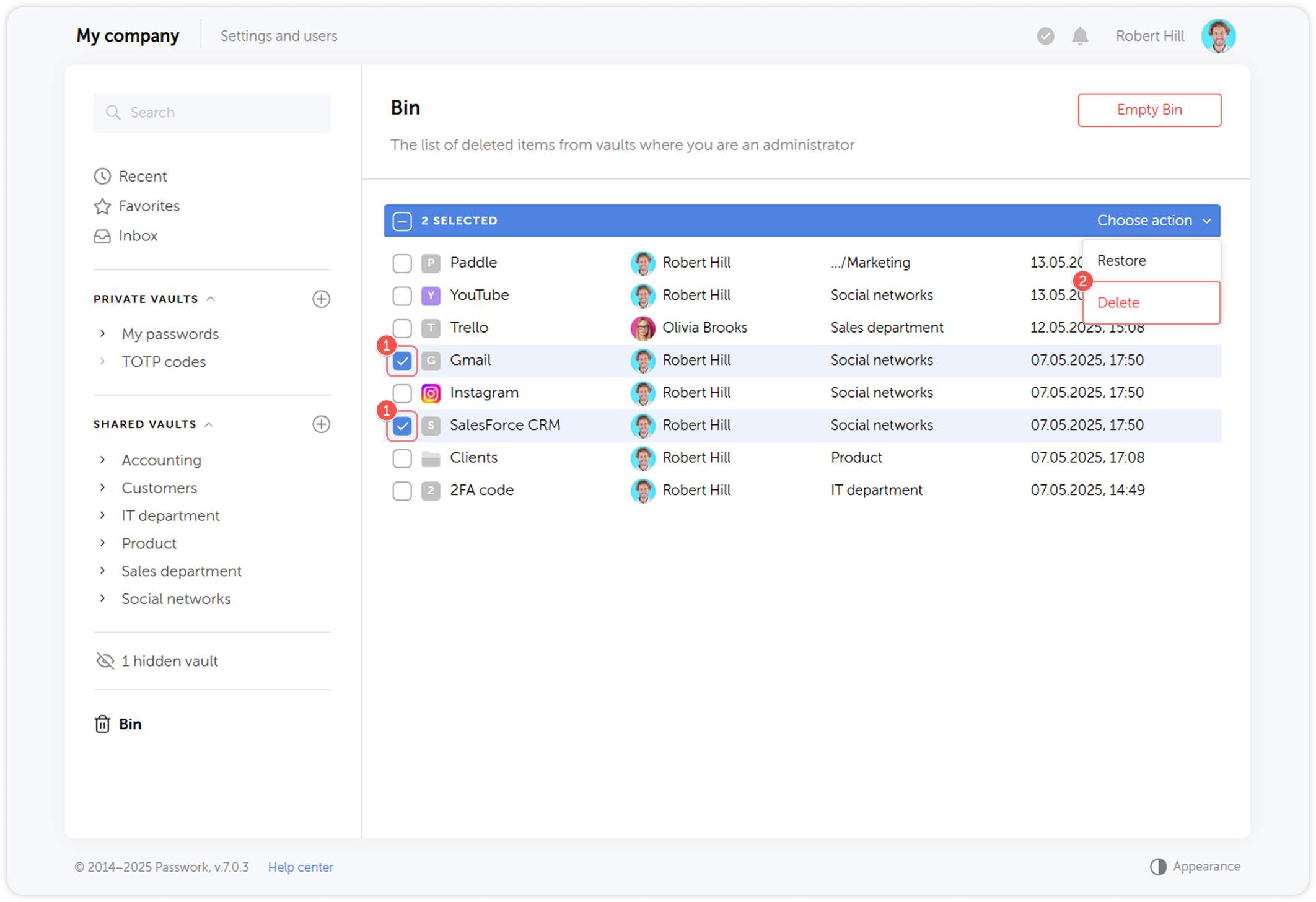 Delete selected items from bin