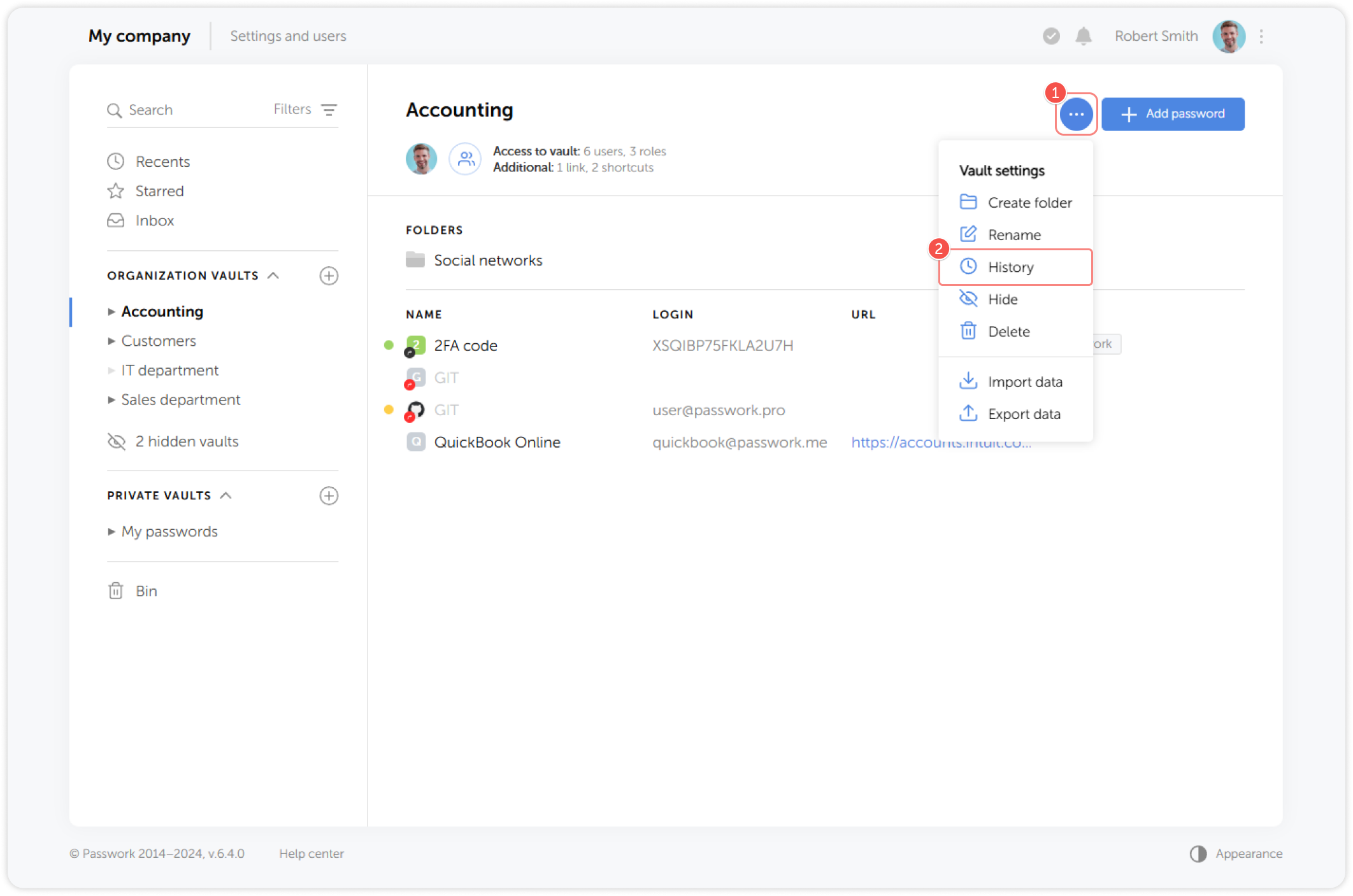 Activity log access from Vault settings