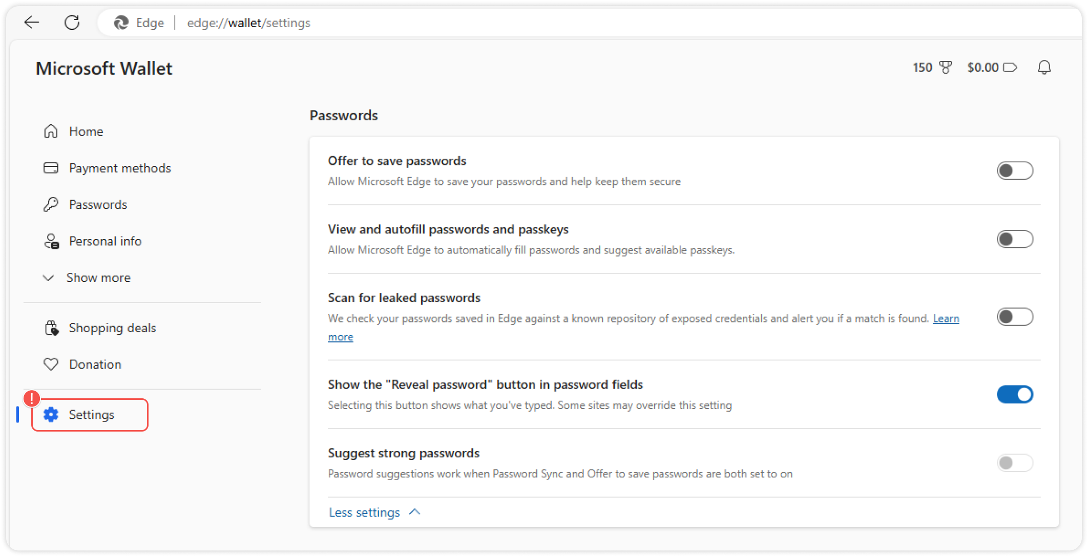 Edge password settings