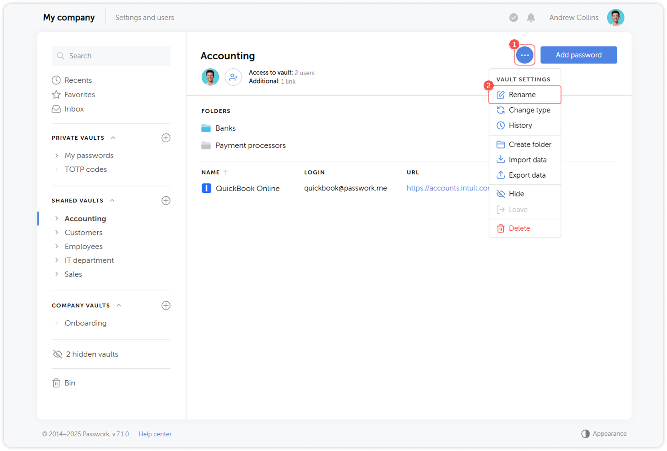 Vault settings menu with rename option