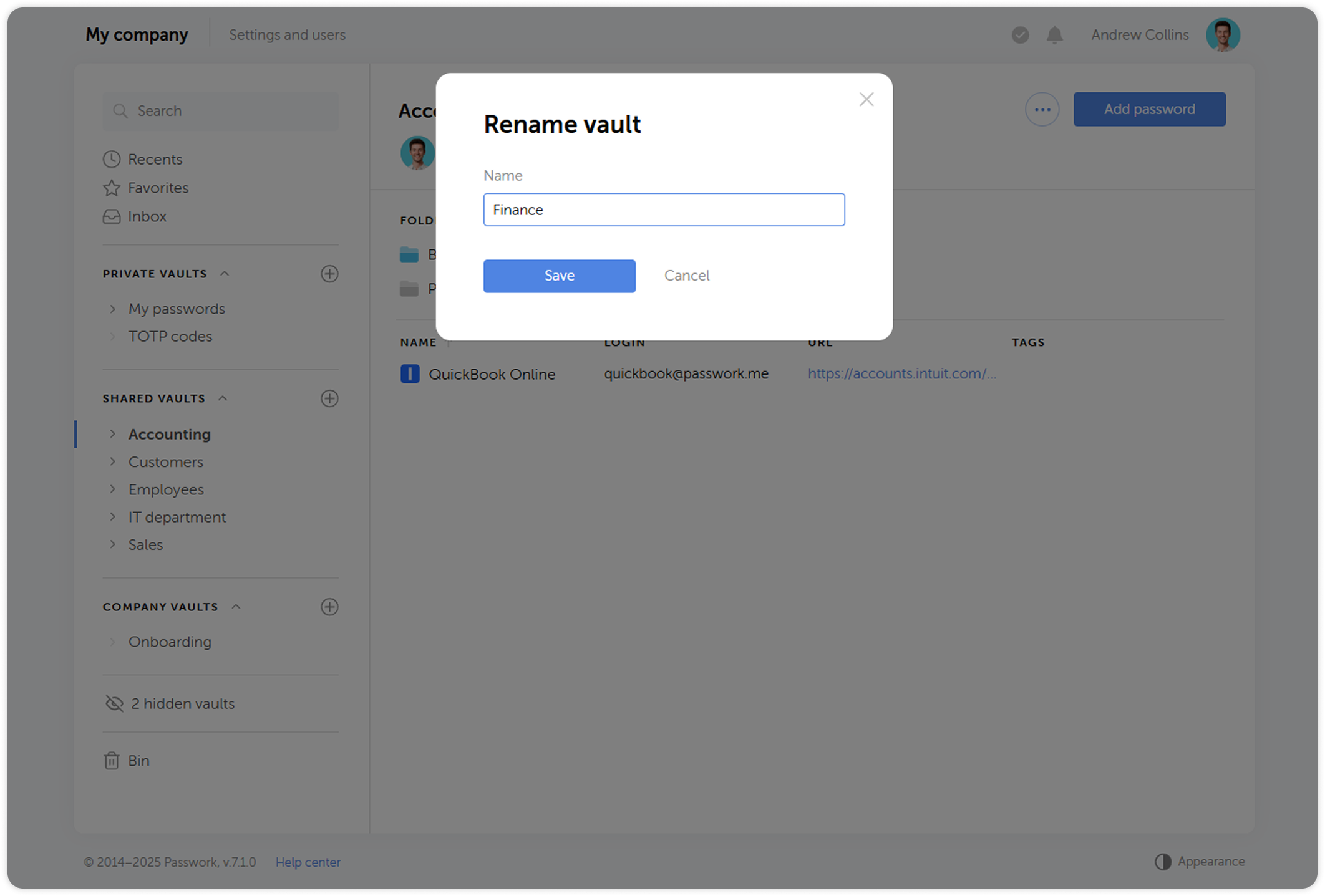 Rename vault dialog window