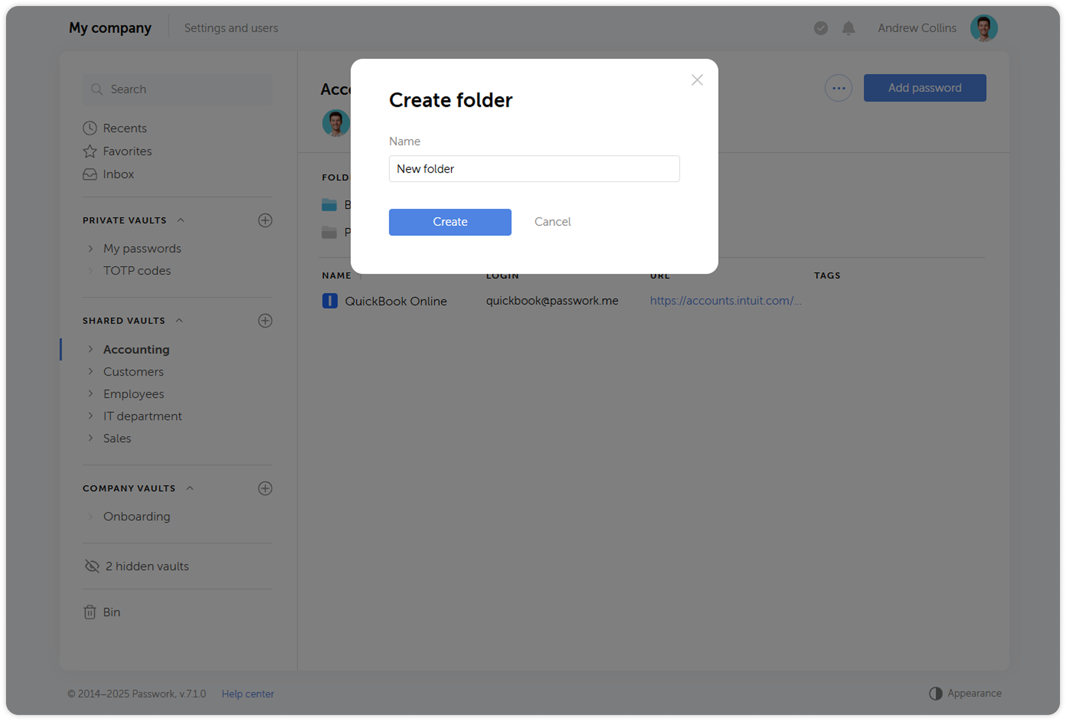 Create folder dialog window