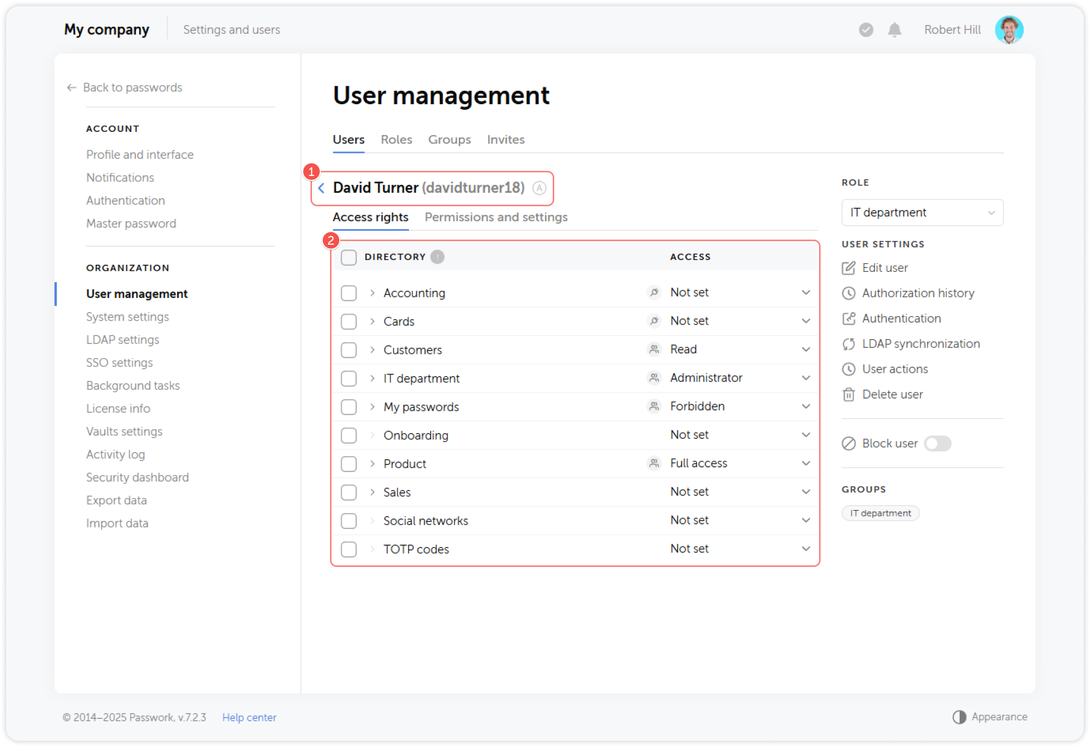 User access rights page