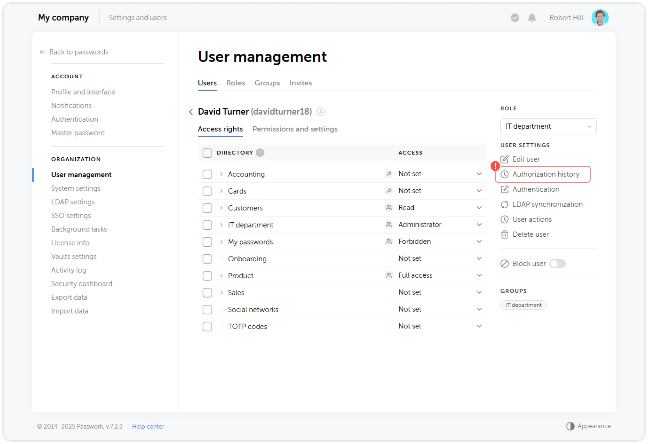 Authorization history button