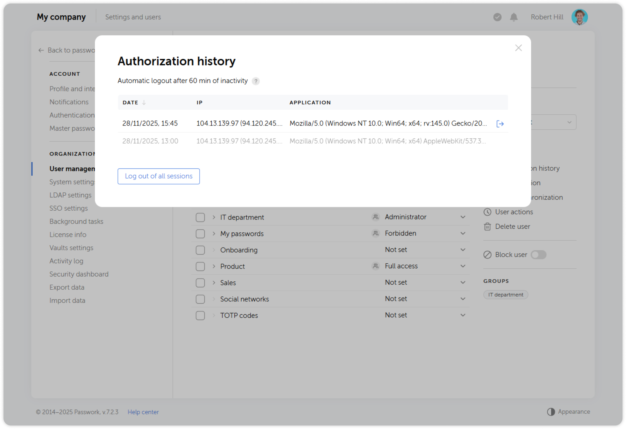 Authorization history window