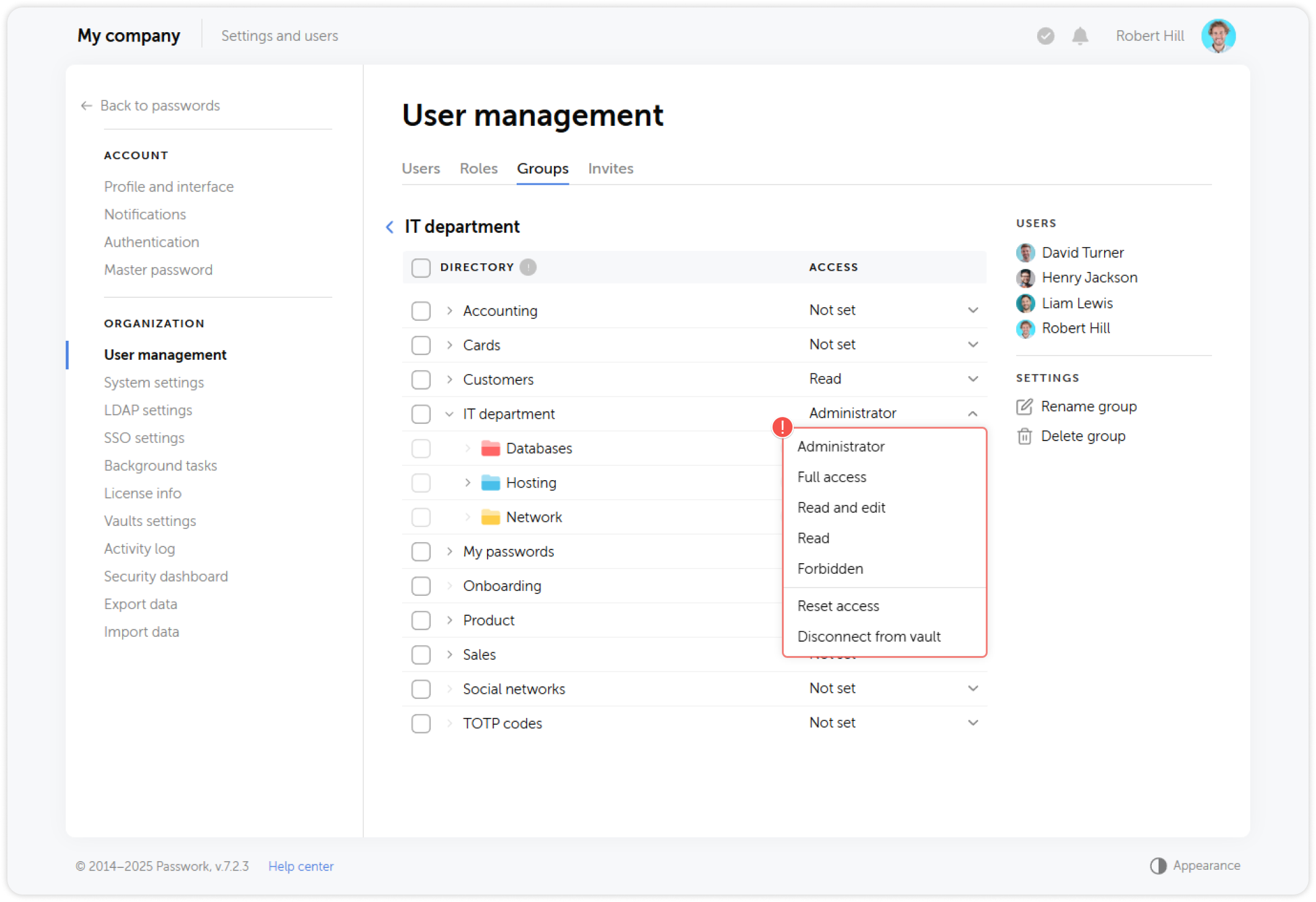 Group settings access rights