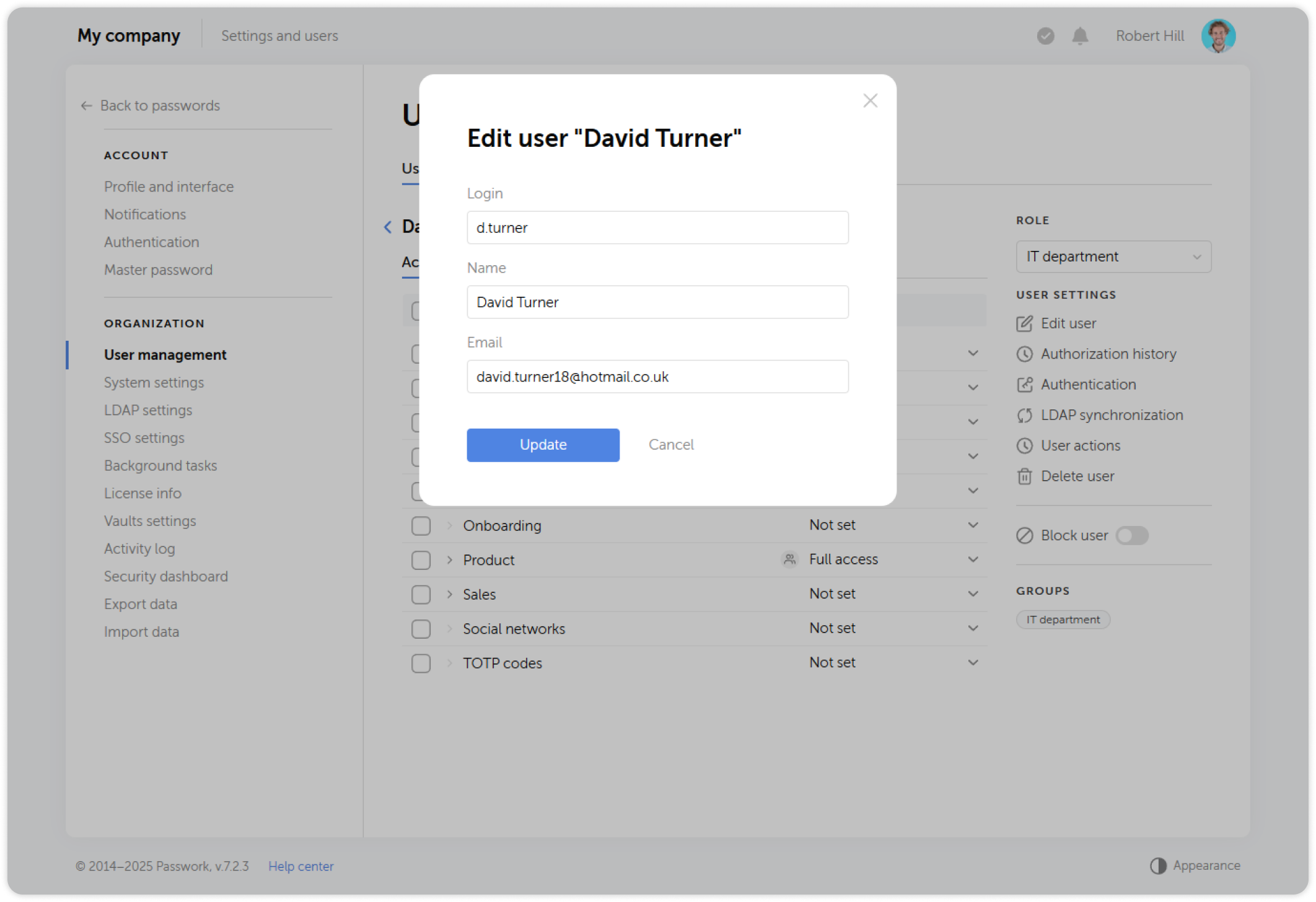Edit user information window