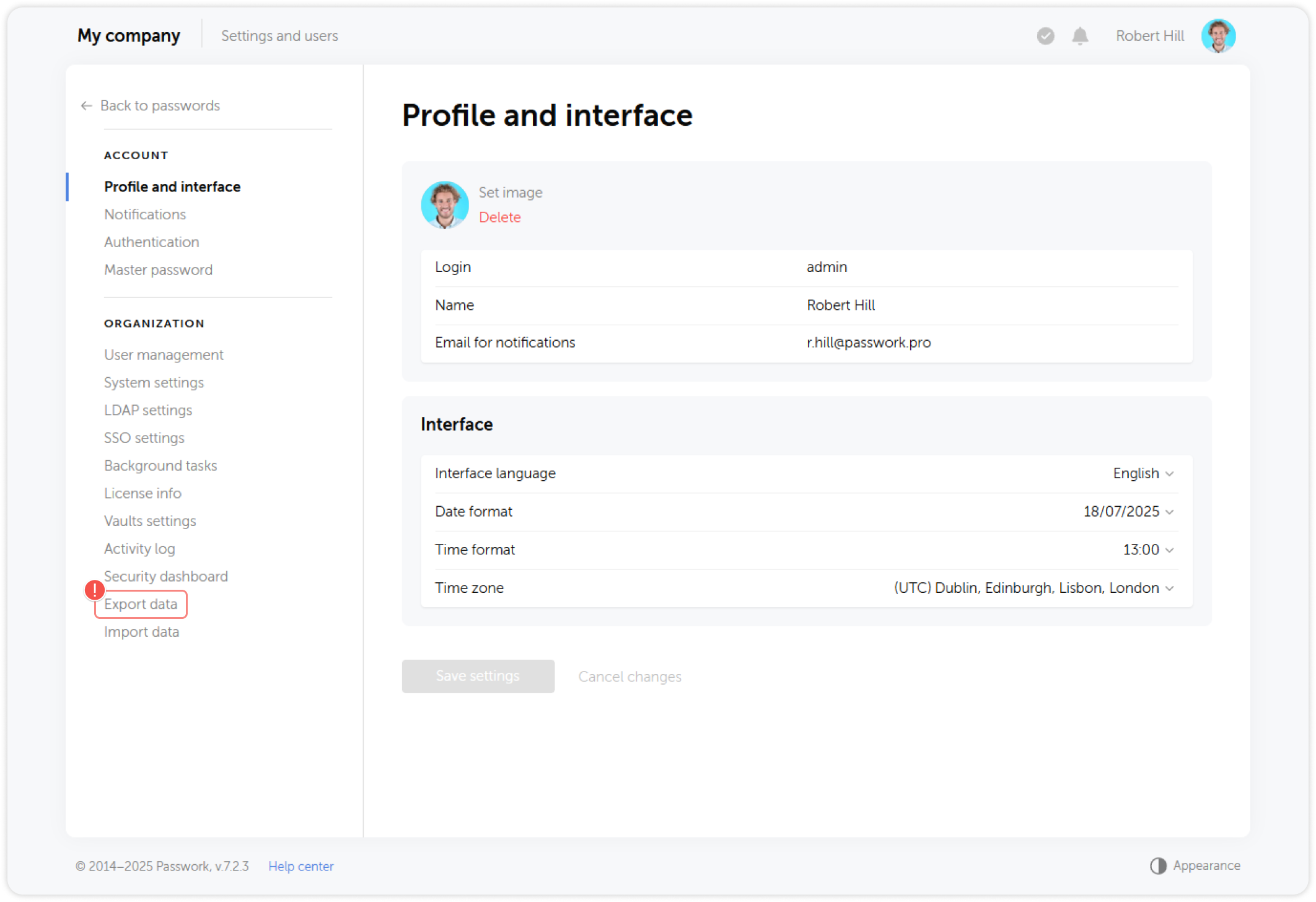 Export data button in Account settings