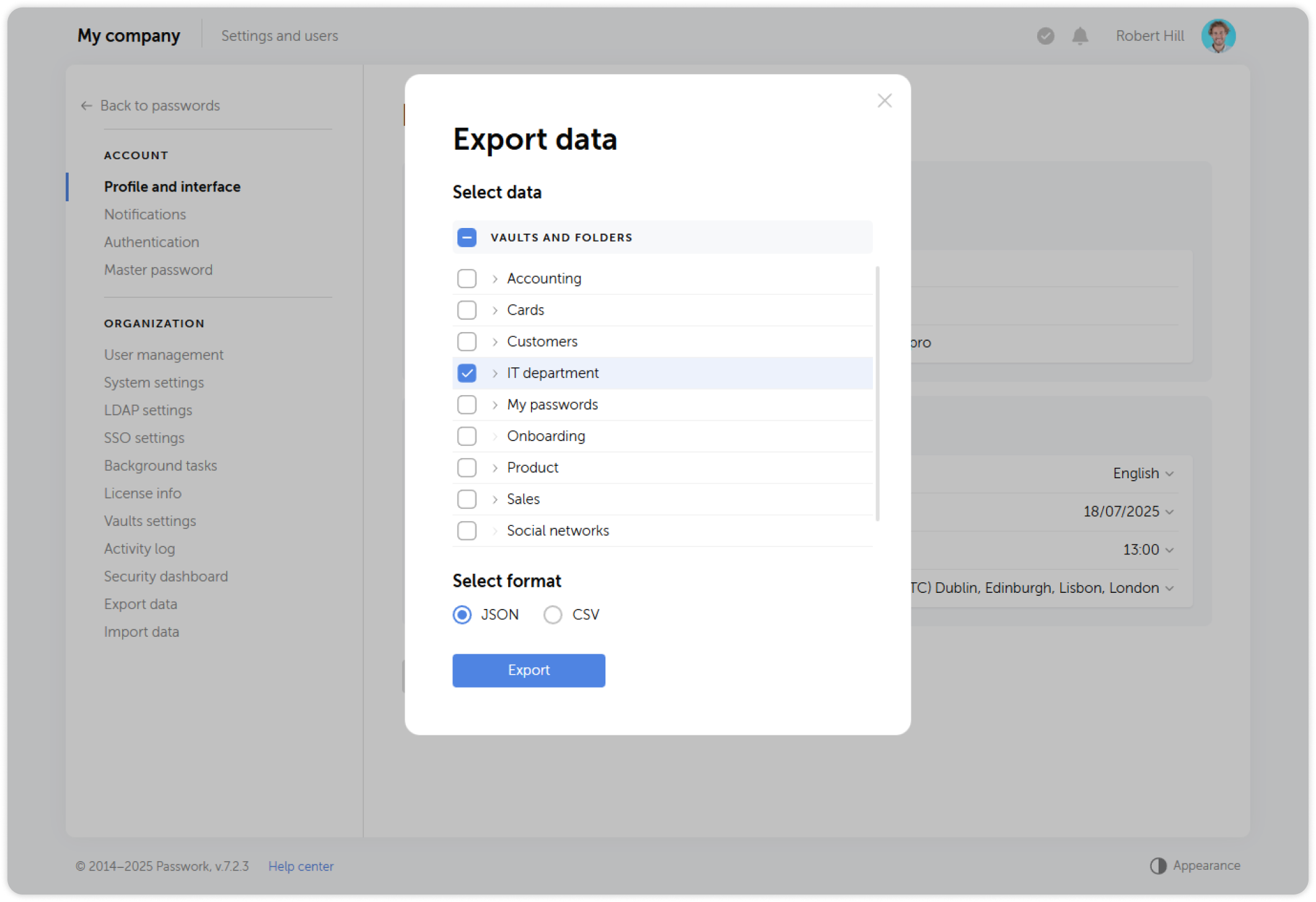 Export data dialog window