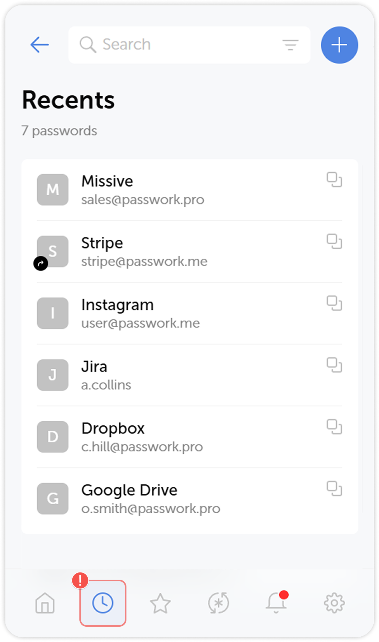 Recents list showing recently used passwords