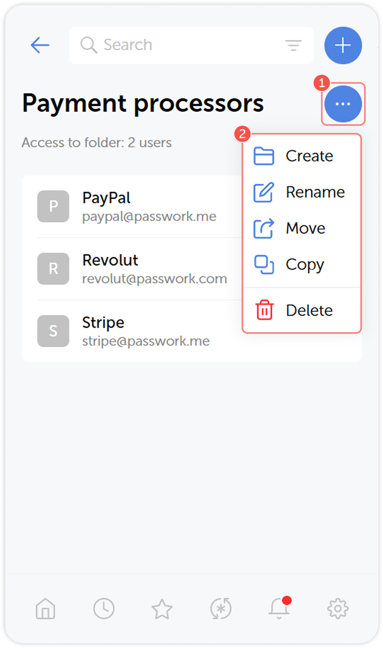Folder actions menu