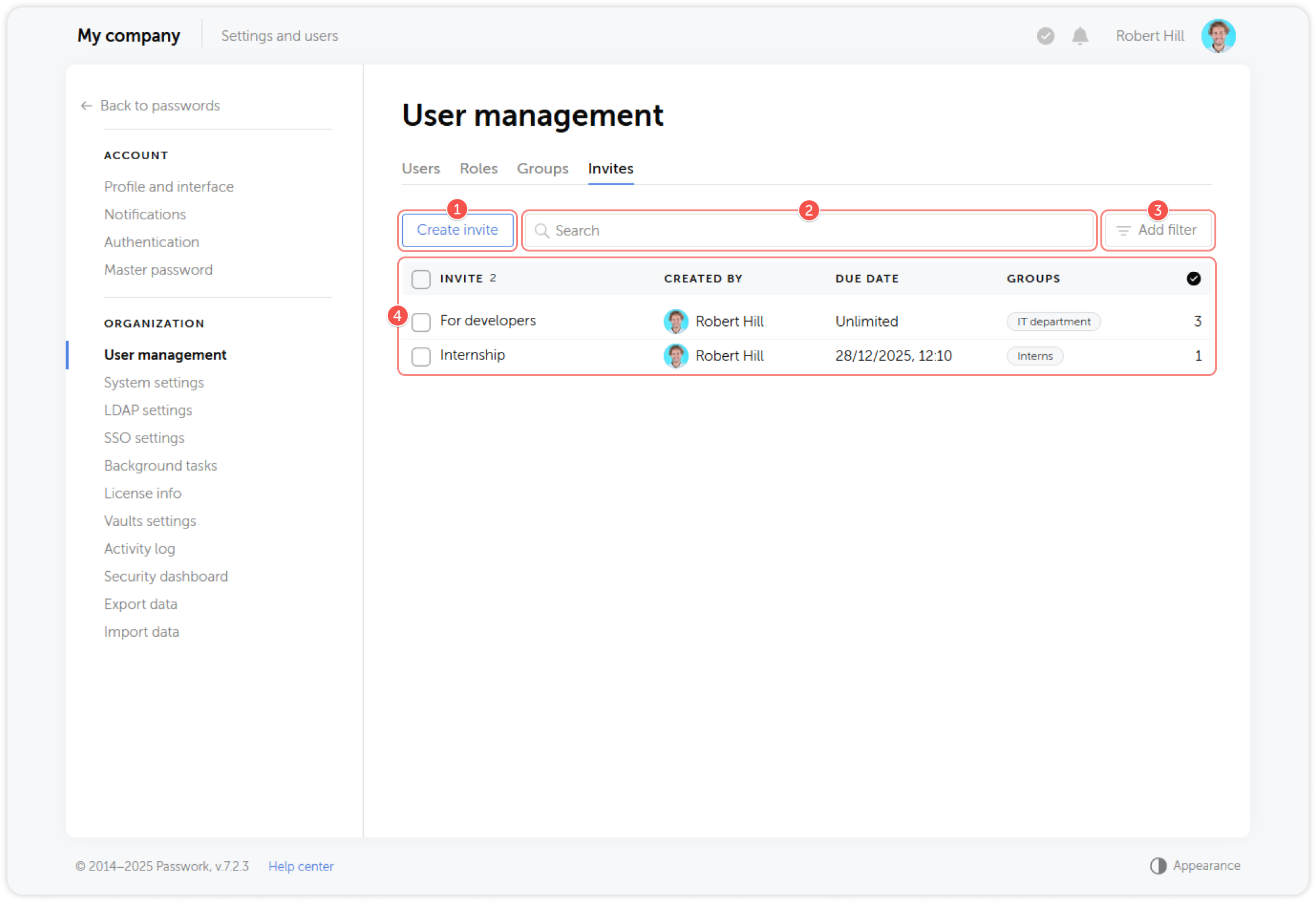 Invites management interface